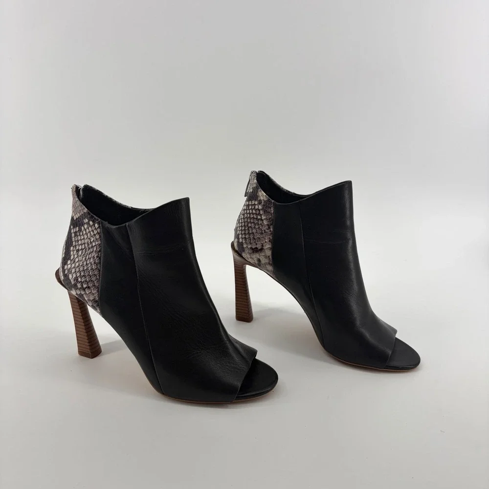Vince Camuto Womens 8.5 Black Snake Peep Toe Booties Flared Heel Ankle Boots